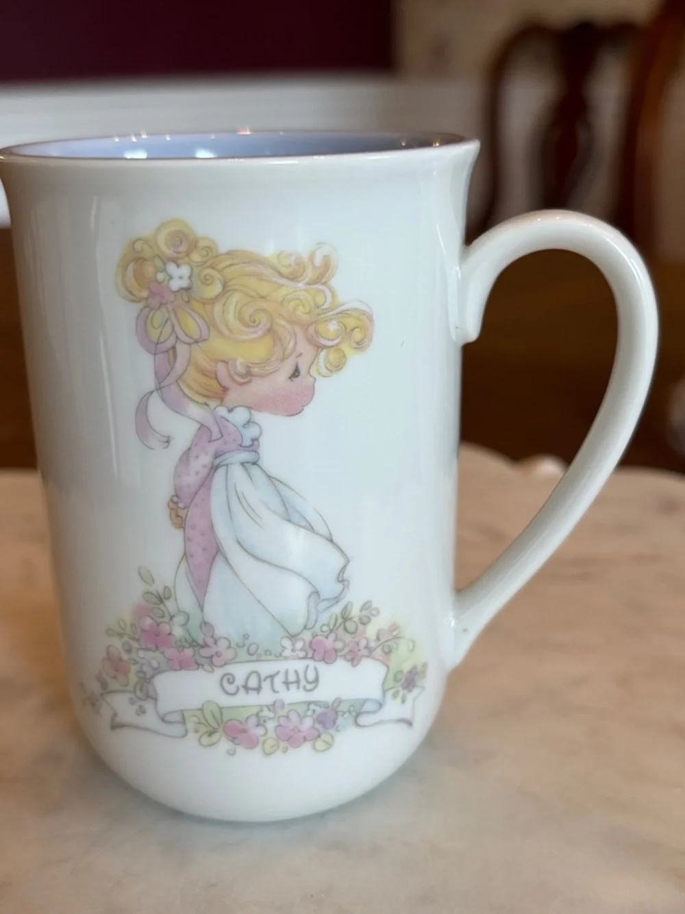 Vintage Precious Moments Personalized White Ceramic 'Cathy' Floral‎ Portrait Mug